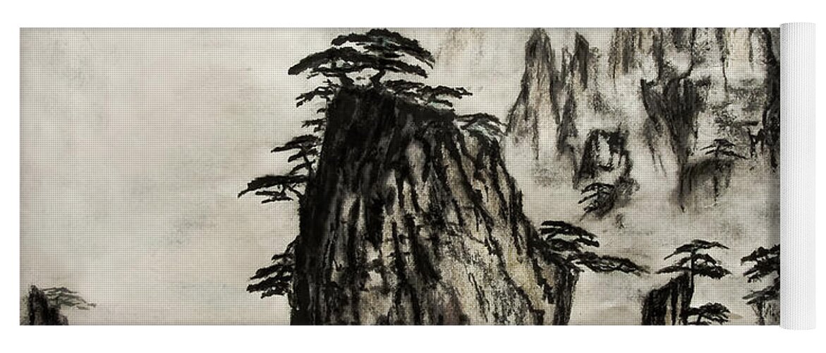 Calm Yoga Mat featuring the painting Chinese Mountains with poem in ink brush calligraphy of love poem by Peter V Quenter