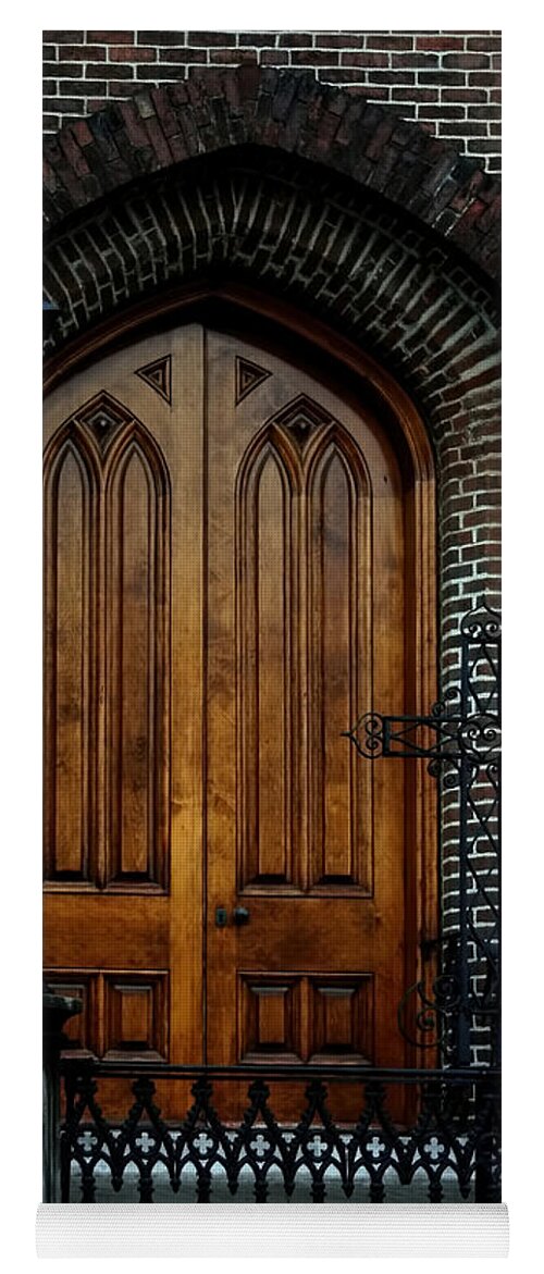 Architectural Photography Yoga Mat featuring the photograph Church Arch and Wooden Door Architecture by Lesa Fine
