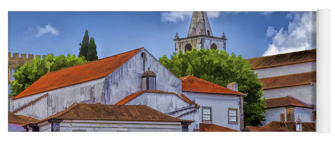 Brown Yoga Mat featuring the painting Church Steeple in the Medieval Fortified Village of Obidos by David Letts