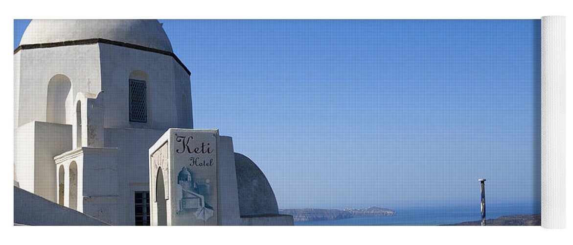 Santorini Yoga Mat featuring the photograph Church watching over the ships by Brenda Kean