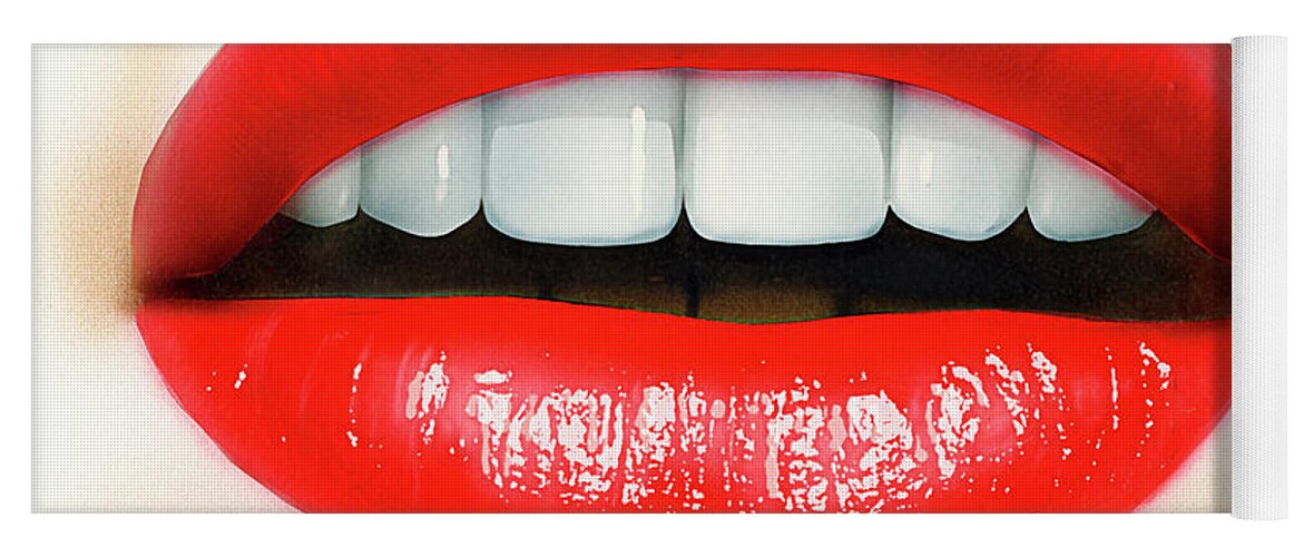 Adult Yoga Mat featuring the photograph Close Up Of Mouth, Teeth And Red Lips by Ikon Ikon Images