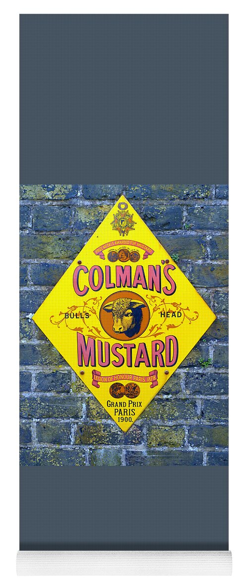 Colmans Yoga Mat featuring the photograph Colmans Mustard Bulls Head Sign by Gordon James