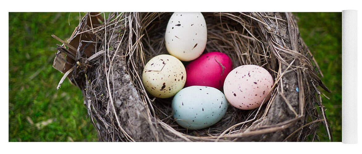 Background Yoga Mat featuring the photograph Colorful eggs in nest by Edward Fielding