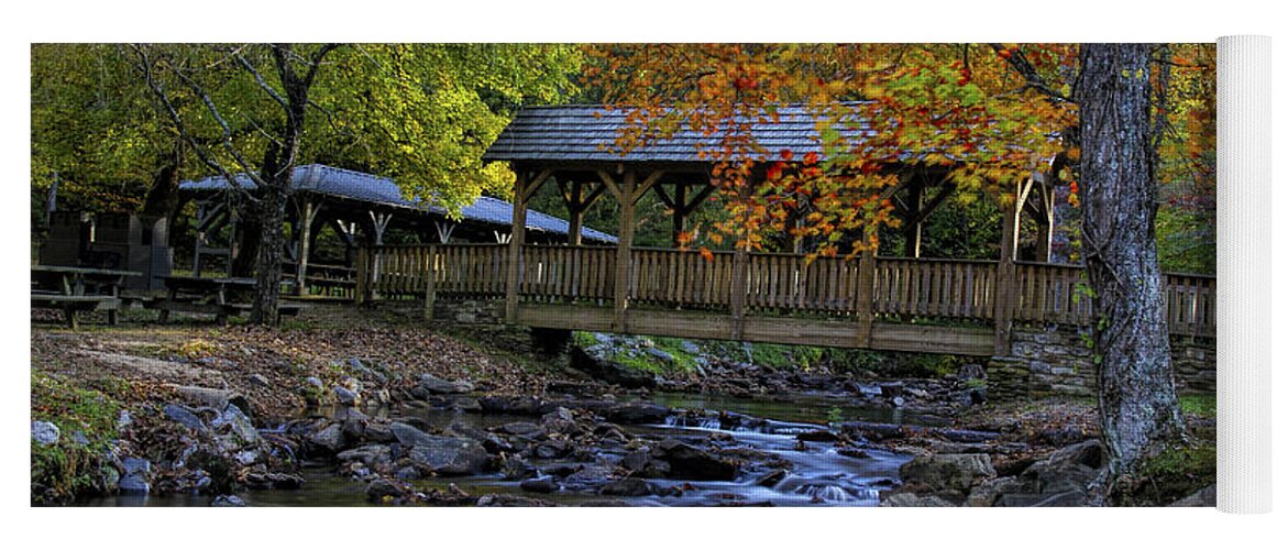 Vogel State Park Yoga Mat featuring the photograph Colorful Footbridge Crossing by Barbara Bowen