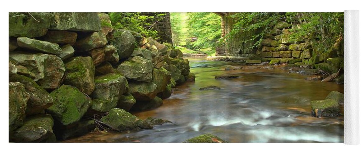 Toms Run Yoga Mat featuring the photograph Cook Forest Stream Under The Bridge by Adam Jewell