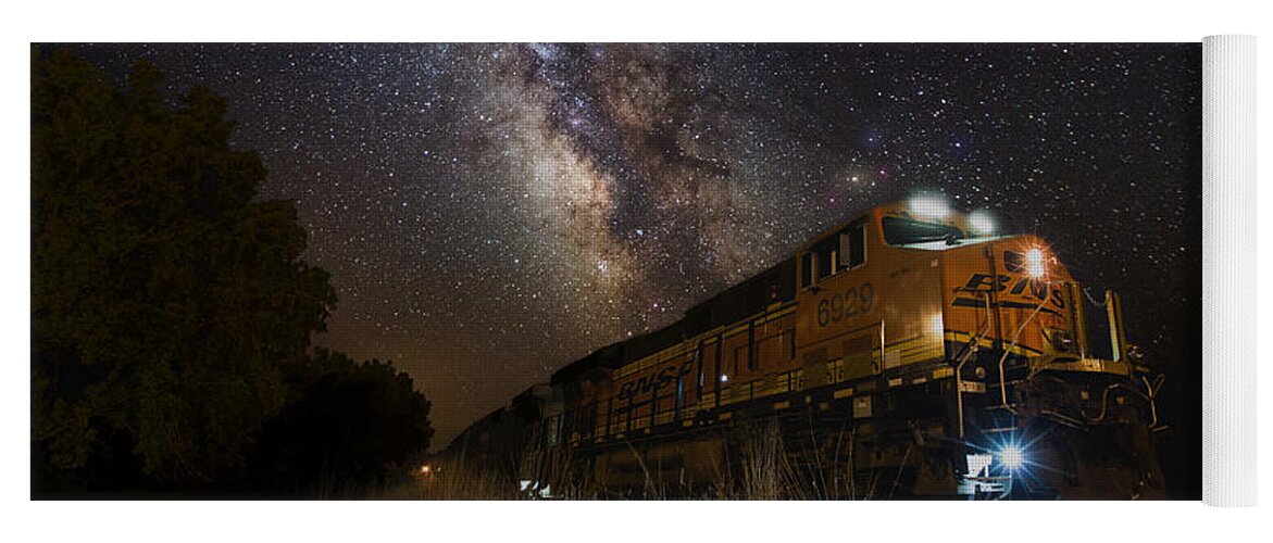 #blended #cosmic #cosmos #east #galactic #galaxy #milky Way #milkywayscape #multiple Exposures #homegroen #photoshop #art #astrophotographer #astrophotography #best #blended #cosmic #cosmos #east #galactic #galaxy #milky Way #milkywayscape #multiple Exposures #night #night Train #railroad #sioux Falls #sky #south Dakota #stars #starscape #top #tracks#night #night Train #railroad #sioux Falls #sky #south Dakota #stars #starscape #top #tracks Yoga Mat featuring the photograph Cosmic Railroad by Aaron J Groen