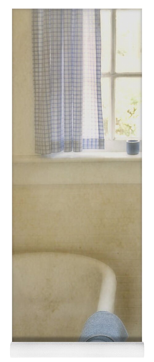 Bathroom; Tub; Bathtub; Towel; Window; Cup; Checkers; Blur; Yellow; Inside; Indoors; Interior; Bath; Empty; No One; Bright; Airy; Vintage; Claw Foot; Tub; Curtains; Drapes; Still Life; House; Home; Country Yoga Mat featuring the photograph Country Bath by Margie Hurwich