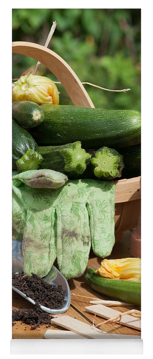 Courgettes Yoga Mat featuring the photograph Courgette Basket With Garden Tools by Amanda Elwell