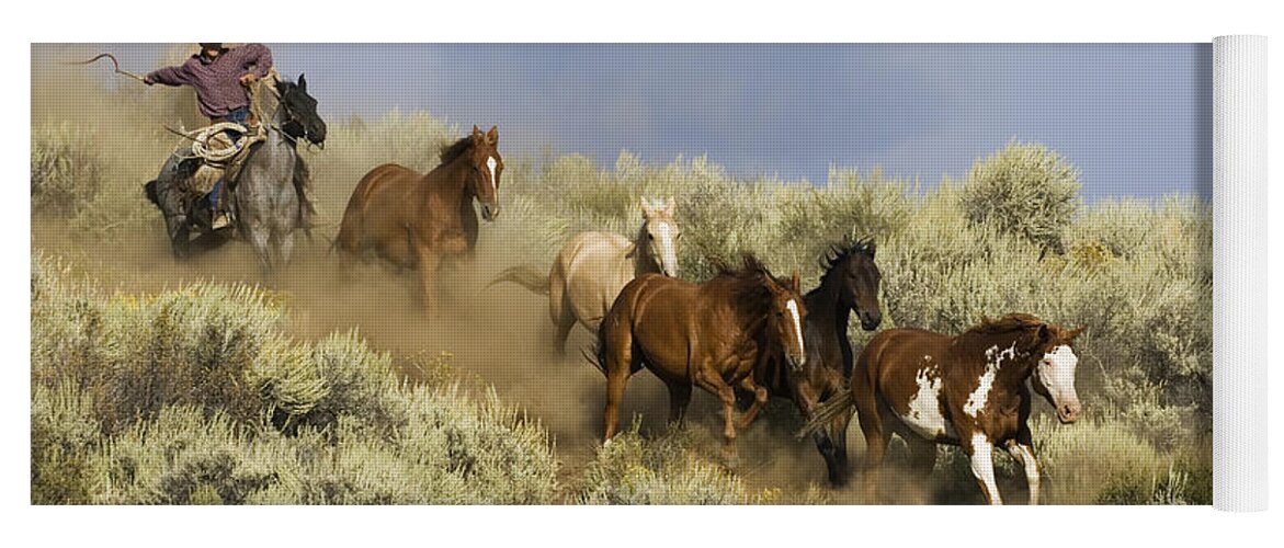 Feb0514 Yoga Mat featuring the photograph Cowboys Herding Horses Through Sagebrush by Konrad Wothe