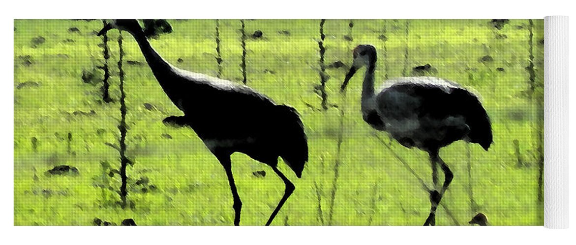 Sandhill Yoga Mat featuring the painting Cranes with Baby Close Behind by George Pedro