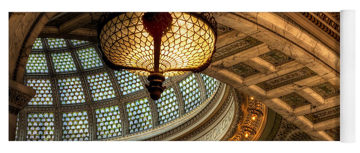 Antique; Hall; Foyer; Formal; Indoors; Inside; Chandelier; Ornate; Dome; Arches; Archway; Interior; Posh; Classy; Expensive; Light; Period; Old Fashioned; Vintage; Elegant; Beautiful; Pretty; Gorgeous; Ceiling; Hang; Hanging; Mosaic; Glass; Chicago; Chicago Cultural Center; Gold; Blue; Teal; Lights Yoga Mat featuring the photograph Culture Details by Margie Hurwich