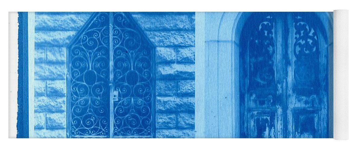 Cyanotype Yoga Mat featuring the photograph Cyanotype Crypt Doors by Jane Linders