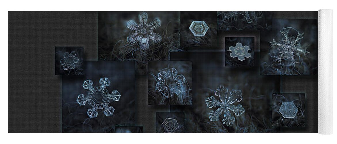 Snowflake Yoga Mat featuring the photograph Snowflake collage - Dark crystals 2012-2014 by Alexey Kljatov