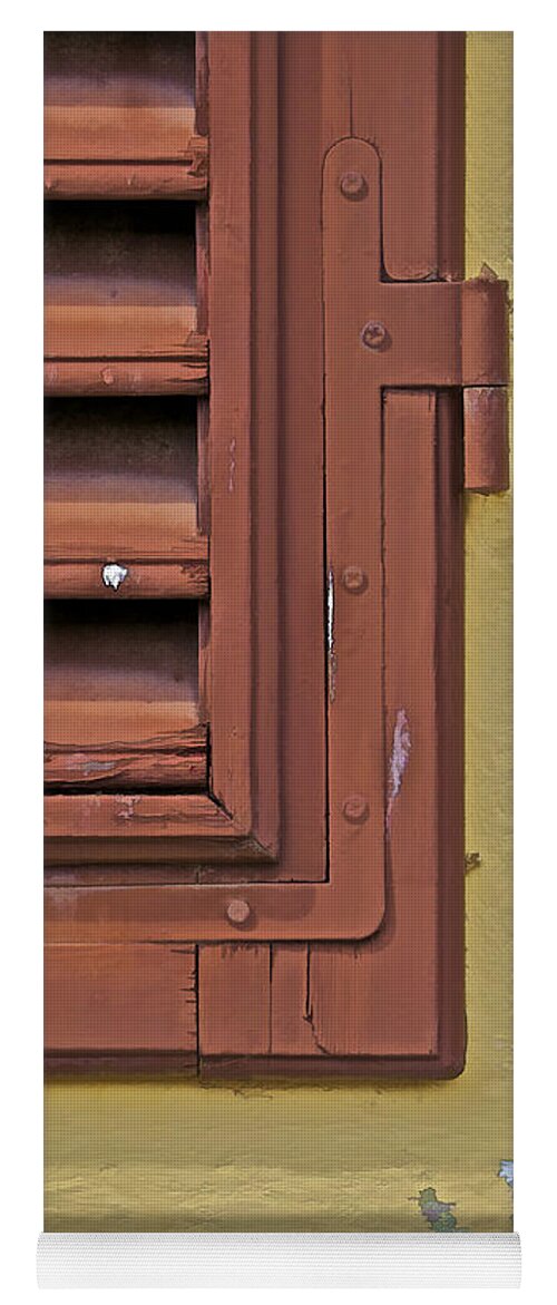 Art Yoga Mat featuring the photograph Detail of a Red Wood Window Shutter in Tuscany by David Letts
