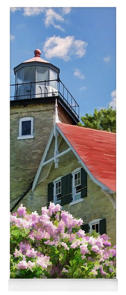 Door County Yoga Mat featuring the painting Door County Eagle Bluff Lighthouse Lilacs by Christopher Arndt