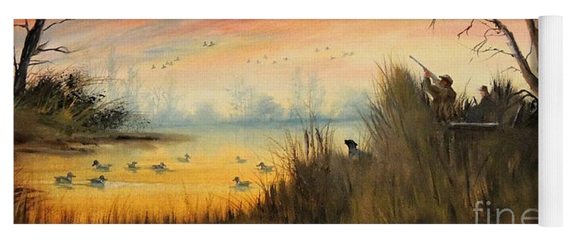 Duck Hunting Yoga Mat featuring the painting Evening Duck Hunt by Bill Holkham