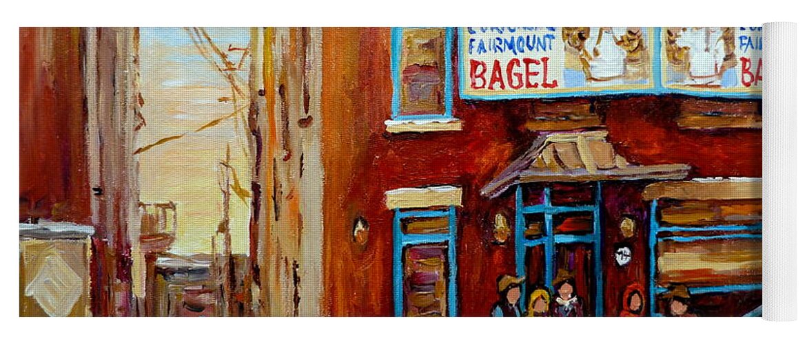 Montreal Yoga Mat featuring the painting Fairmount Bagel In Winter Montreal City Scene by Carole Spandau