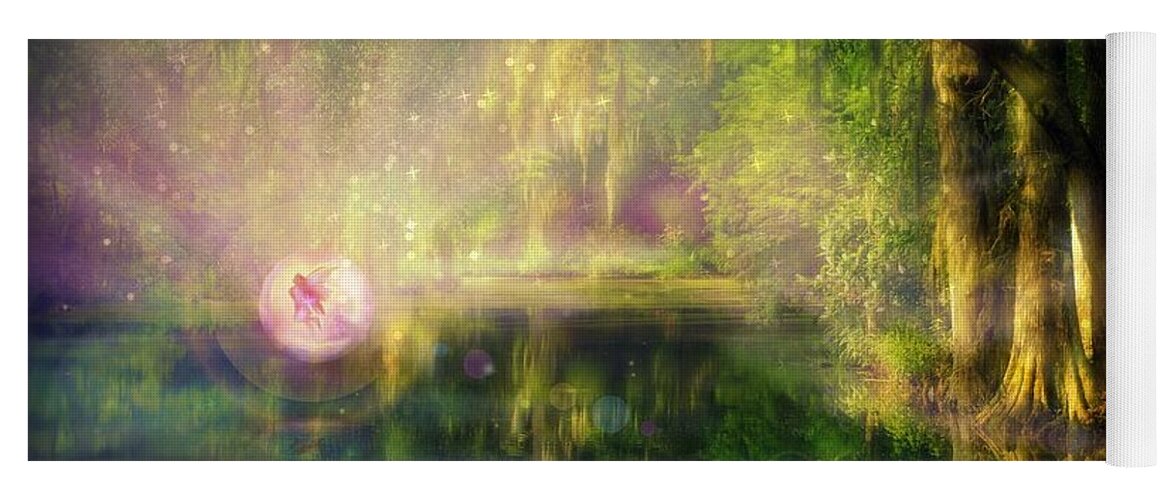 Fairy Yoga Mat featuring the digital art Fairy in Pink bubble in Serenity Forest by Lilia D
