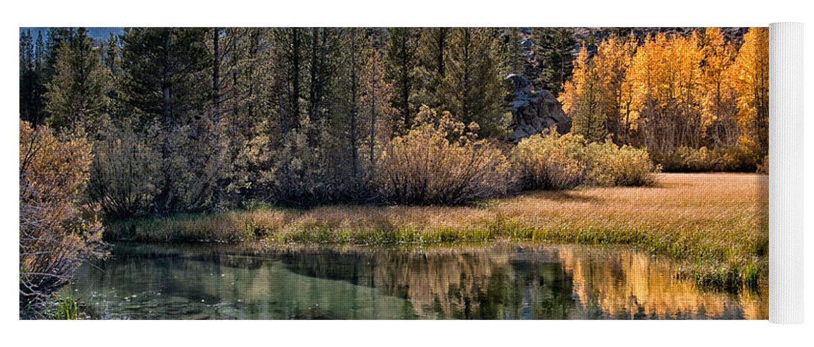 River Creek Water Reflection Fall Orange Yellow Scenic Landscape Nature Eastern Sierra Sierra Nevada California Sky Clouds Mountains Yoga Mat featuring the photograph Fall Reflections by Cat Connor