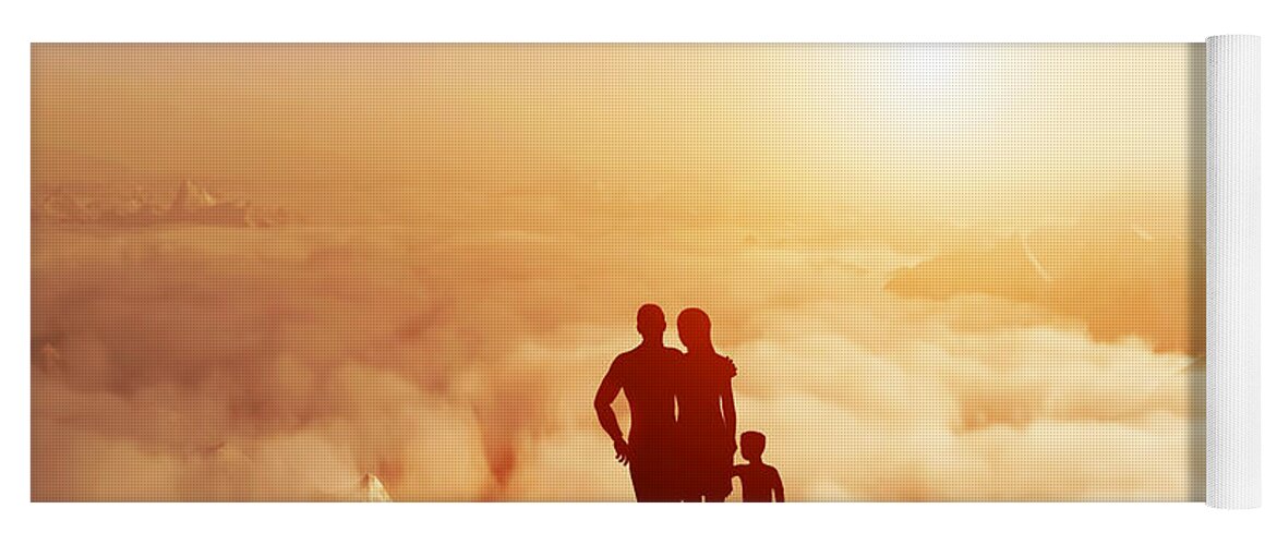 Family Yoga Mat featuring the photograph Family together on mountain looking on sunset by Michal Bednarek