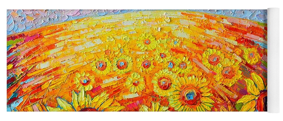 Sunflower Yoga Mat featuring the painting Fields Of Gold - Abstract Landscape With Sunflowers In Sunrise by Ana Maria Edulescu