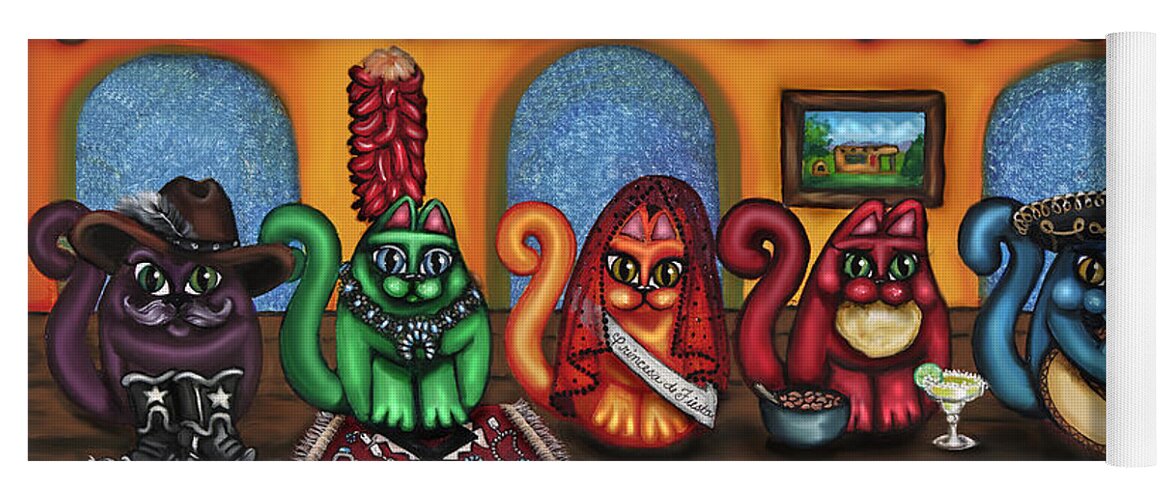 Folk Art Yoga Mat featuring the painting Fiesta Cats or Gatos de Santa Fe by Victoria De Almeida
