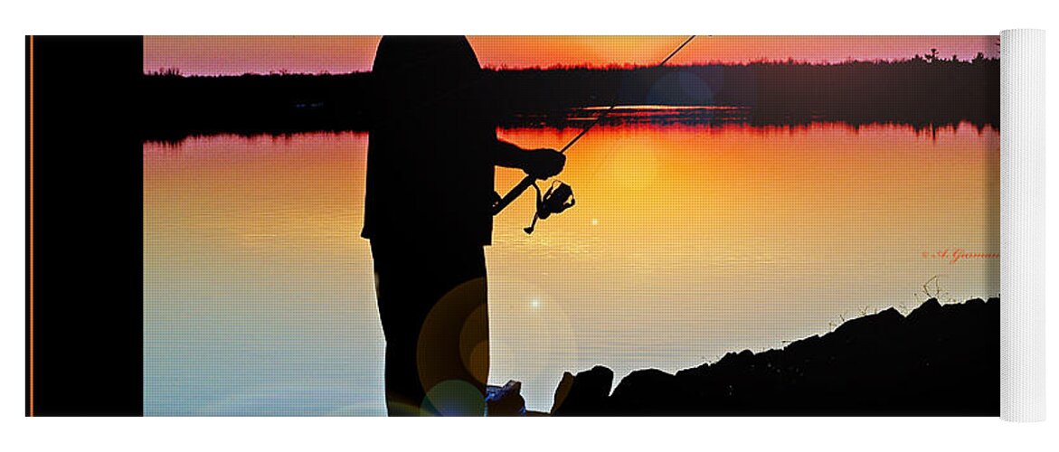 Fisherman Yoga Mat featuring the photograph Fisherman Silhouette Sunset Mountain Lake Fishing Proverb by A Macarthur Gurmankin