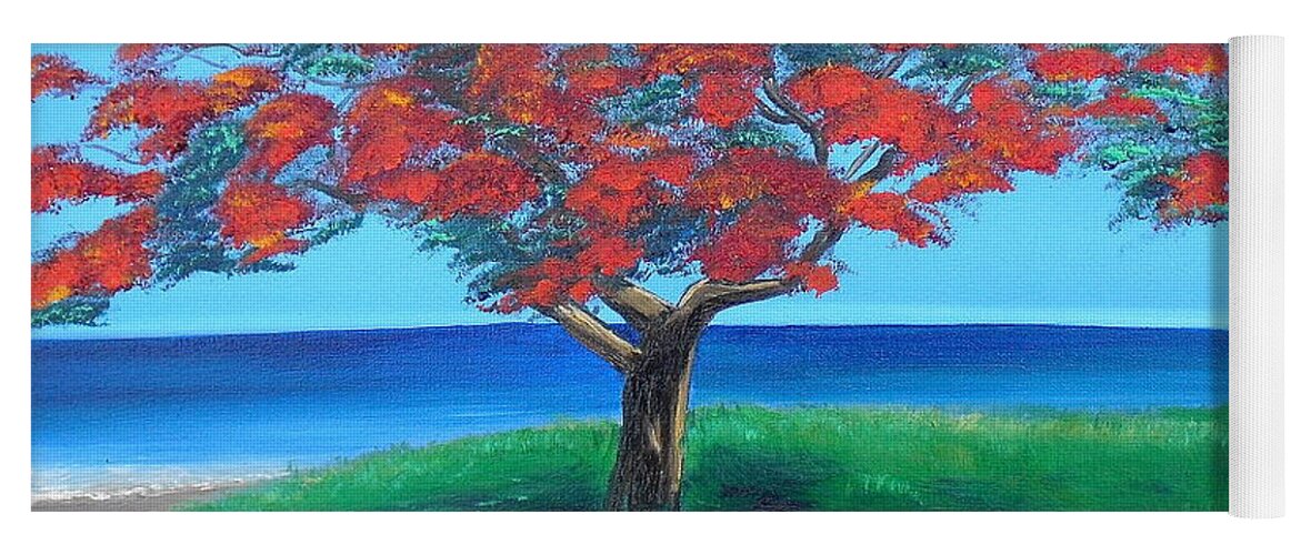 Flamboyant Tree Yoga Mat featuring the painting Flamboyan Overlooking Ocean by Melissa Torres