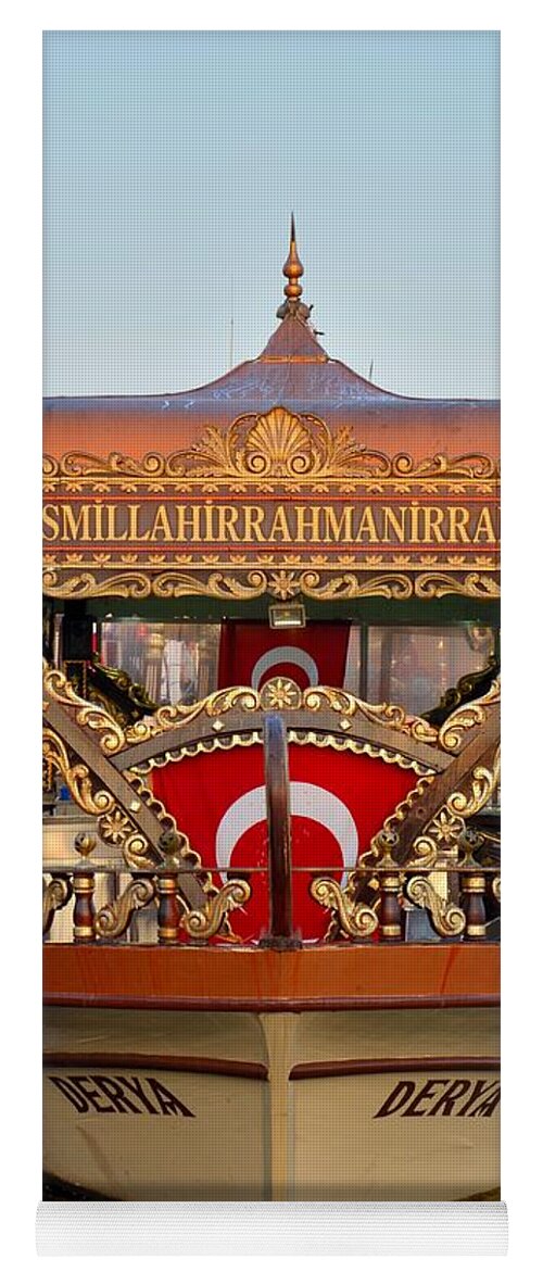 Istanbul Turkey Seafood Boat Flag Sea Dock Moored Cruise Yoga Mat featuring the photograph Floating sea food restaurant Istanbul Turkey by Imran Ahmed