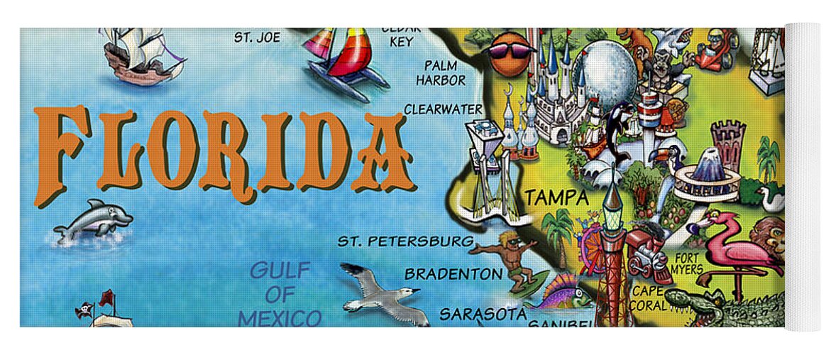 Florida Yoga Mat featuring the digital art Florida Cartoon Map by Kevin Middleton