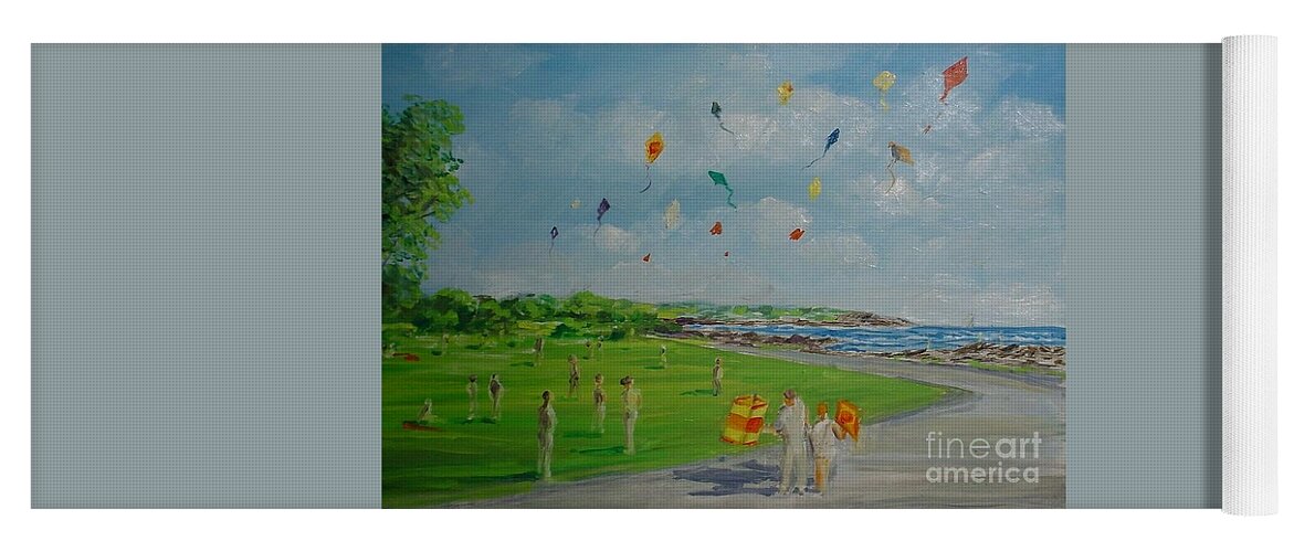 Flying Kites On Brenton's Reef Newport Yoga Mat featuring the painting Flying Kites Newport RI by Perry's Fine Art