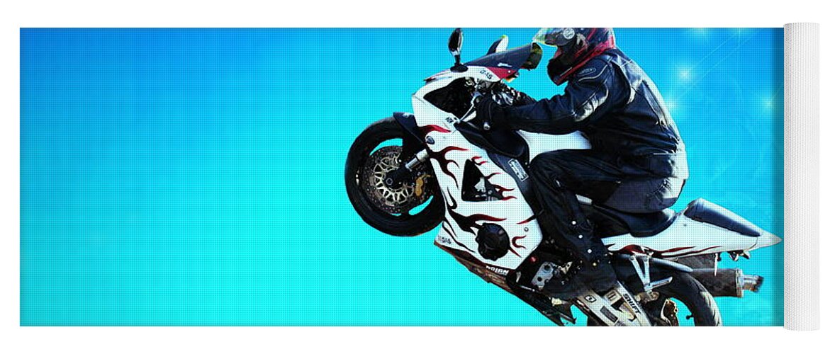 Motorbike Yoga Mat featuring the photograph Flying Low One More Time On Two wheels by Joyce Dickens