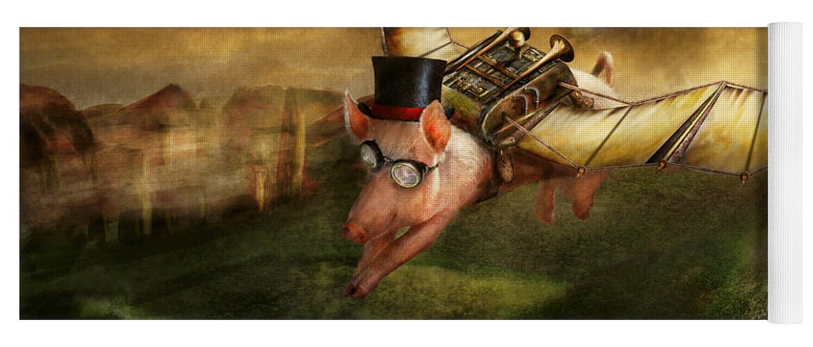 Pig Yoga Mat featuring the photograph Flying Pig - Steampunk - The flying swine by Mike Savad