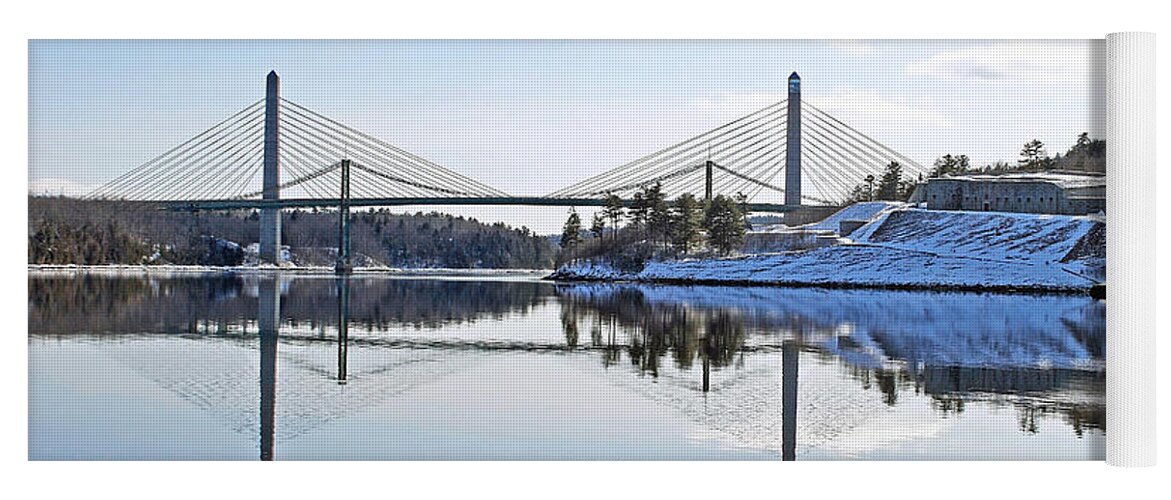 Maine Yoga Mat featuring the photograph Fort Knox and Bridges Reflection in Winter by Barbara West