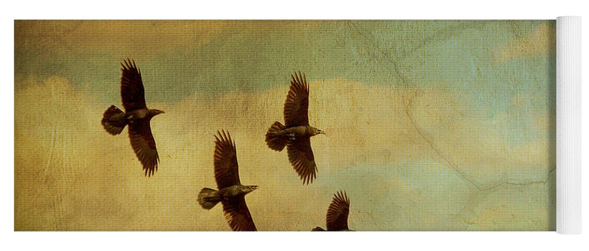 Ravens Yoga Mat featuring the photograph Four Ravens Flying by Peggy Collins