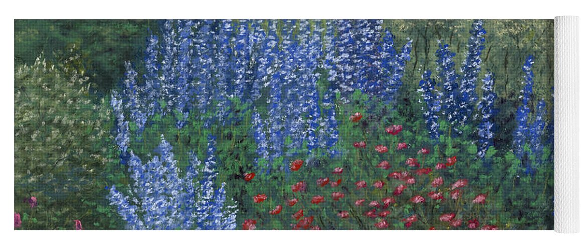 Blue Flowers In Garden Yoga Mat featuring the pastel Garden Delphiniums by Ginny Neece
