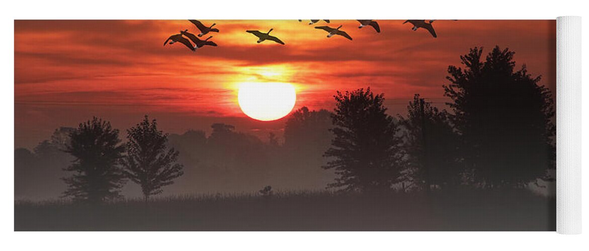 Art Yoga Mat featuring the photograph Geese on a Foggy Morning Sunrise by Randall Nyhof