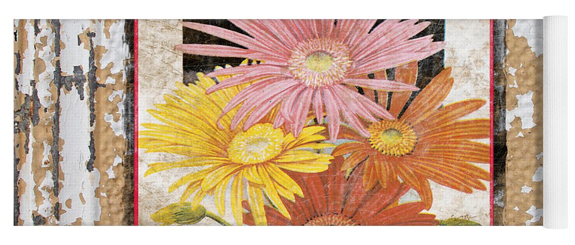 Tin Tile Yoga Mat featuring the digital art Gerbera on Vintage Tin by Jean Plout