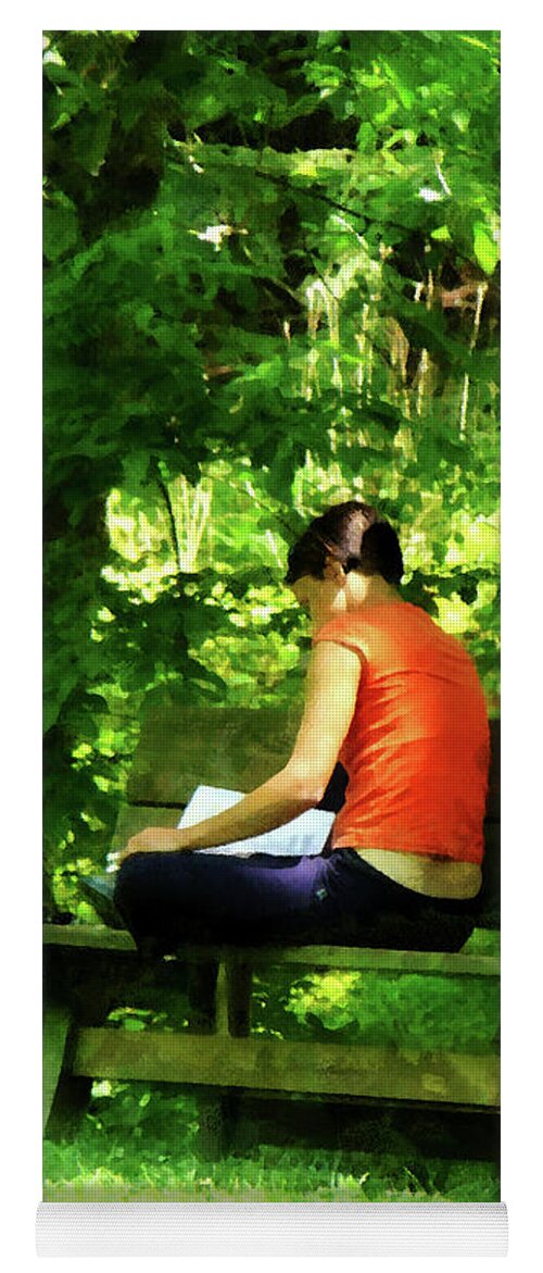 Dappled Sunlight Yoga Mat featuring the photograph Girl Reading in Park by Susan Savad
