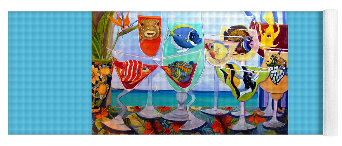 Cocktail Art Yoga Mat featuring the painting GirlFINS in Paradise by Linda Kegley