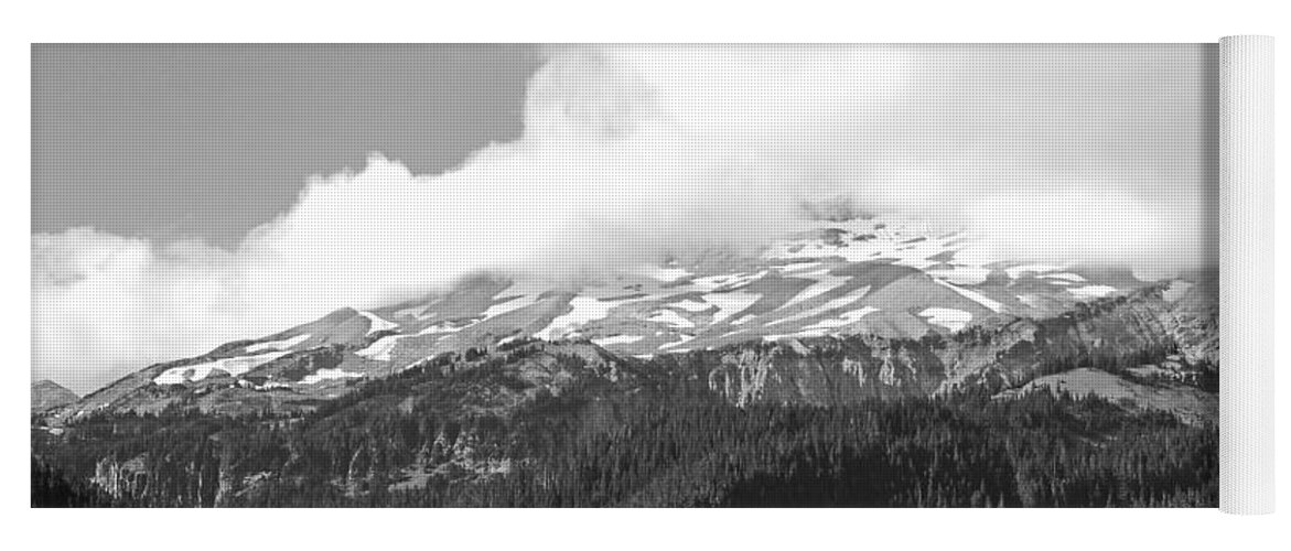 Mount Rainier Yoga Mat featuring the photograph Glaciers in the Clouds BW. Mt. Rainier National Park by Connie Fox