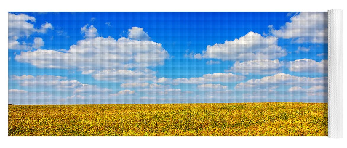Blue Sky Yoga Mat featuring the photograph Golden Fields Under Puffy Clouds by Bill and Linda Tiepelman