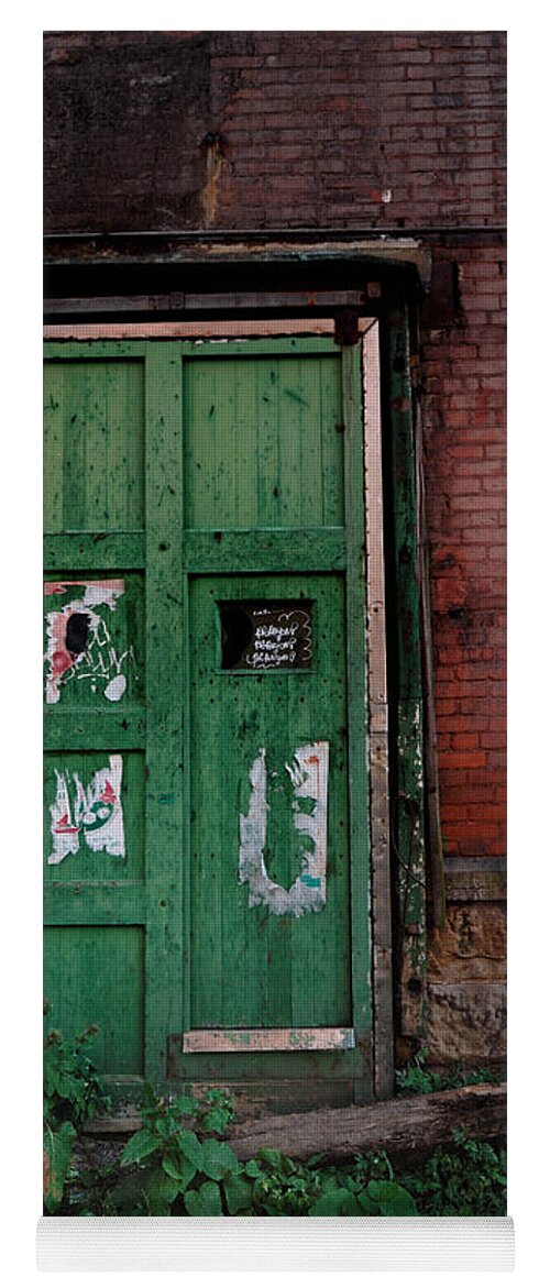 Green Yoga Mat featuring the photograph Green Door on Red Brick Wall by Amy Cicconi