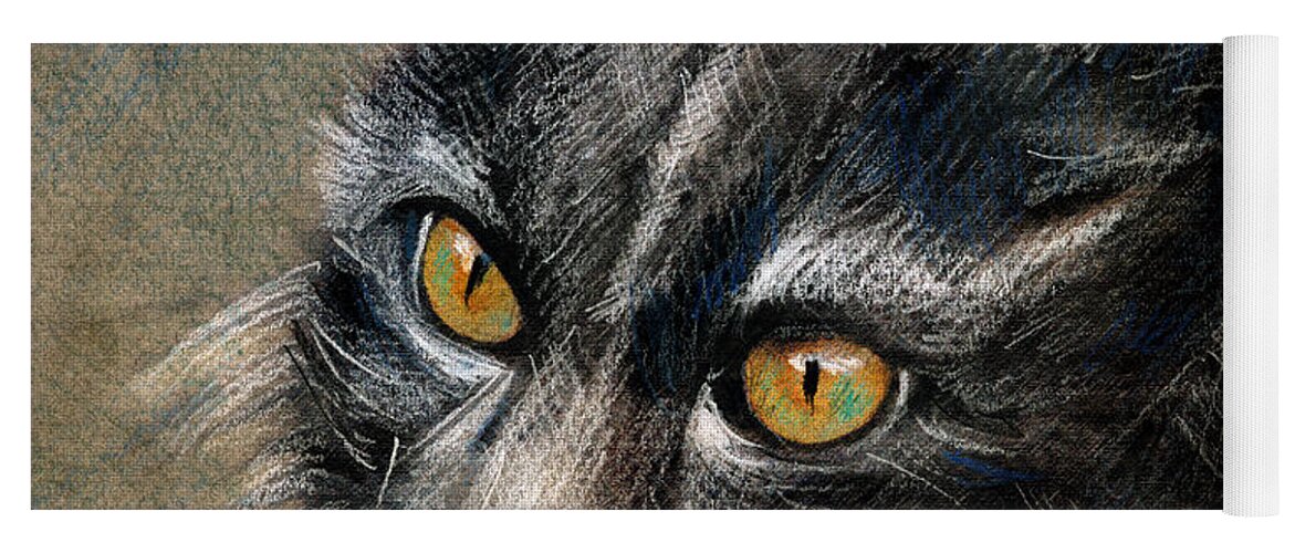Cat Yoga Mat featuring the drawing Grey cat with yellow eyes DRAWING by Daliana Pacuraru