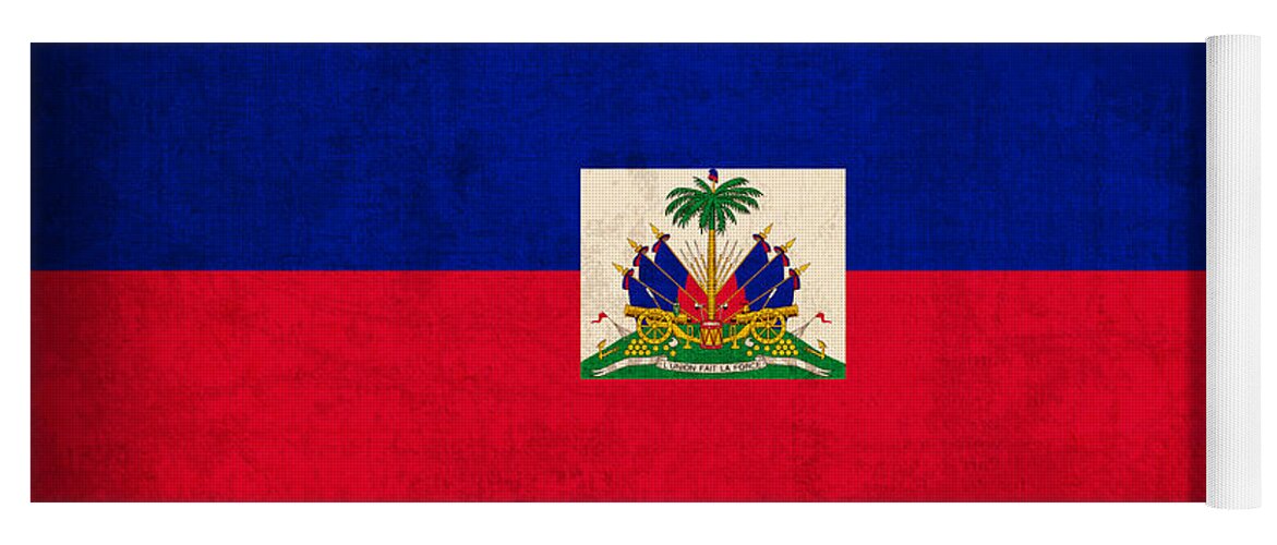 Haiti Yoga Mat featuring the mixed media Haiti Flag Vintage Distressed Finish by Design Turnpike