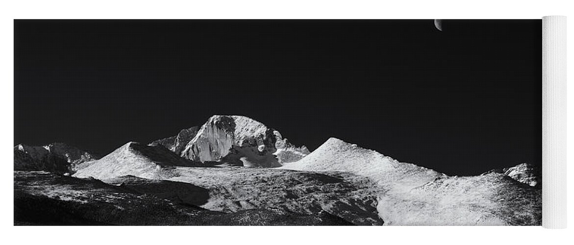 Monochrome Yoga Mat featuring the photograph Half Moon over Longs Peak by Darren White