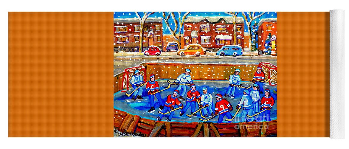 Montreal Yoga Mat featuring the painting Hockey Art Collectible Cards And Prints Snowy Day Neighborhood Rinks Verdun Montreal Art C Spandau by Carole Spandau