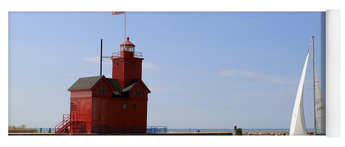 Light Yoga Mat featuring the photograph Holland Harbor Lighthouse with Sailboat by George Jones
