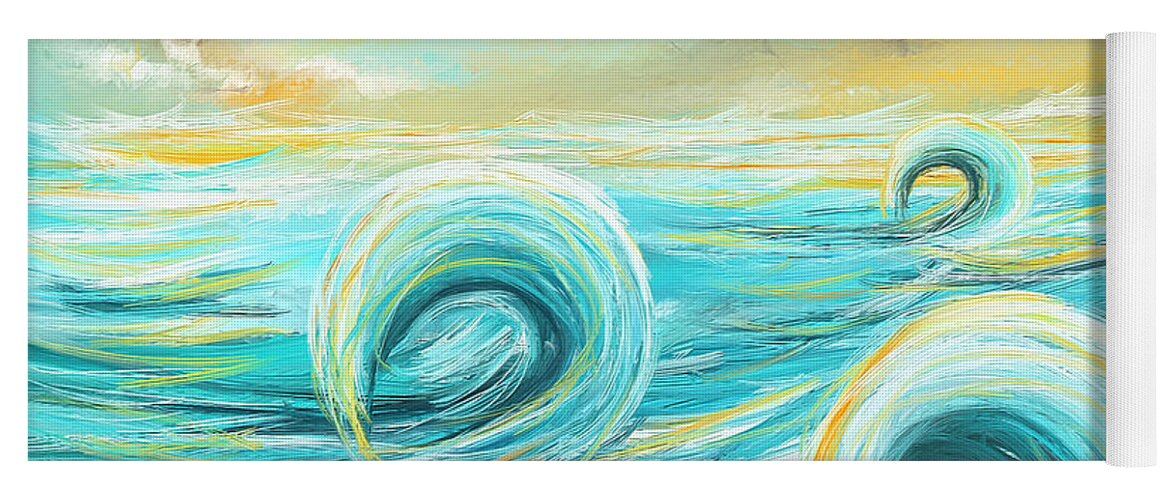 Turquoise Yoga Mat featuring the painting Hour Of Glow - Sunset On Water Painting by Lourry Legarde