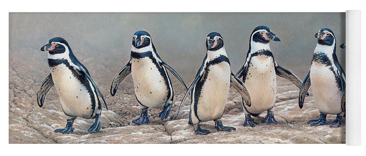 Animal Yoga Mat featuring the photograph Humboldt Penguins Standing In A Row by Ikon Ikon Images